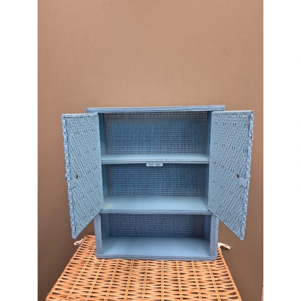 Vintage Blue Woven Wicker Wall Cabinet Bathroom Storage Double Door Shelf 23